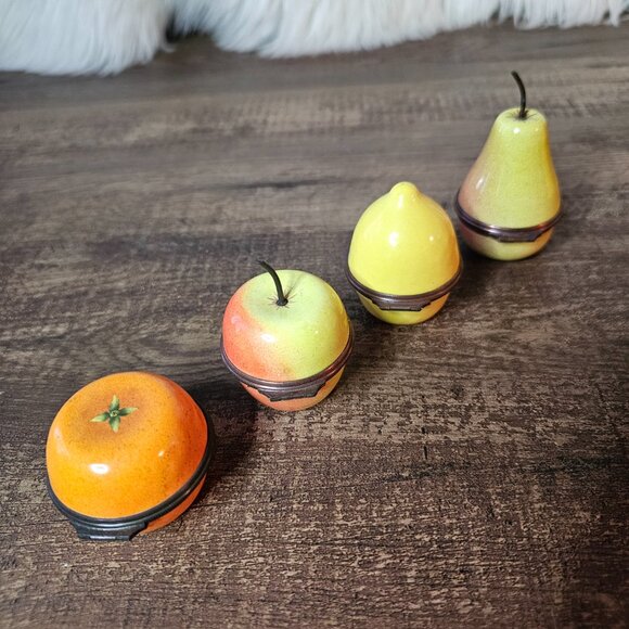 RARE! Set of 4 Halcyon Days Vintage Enamel Bonbonnieres Orange Apple Lemon Pear - Picture 2 of 10
